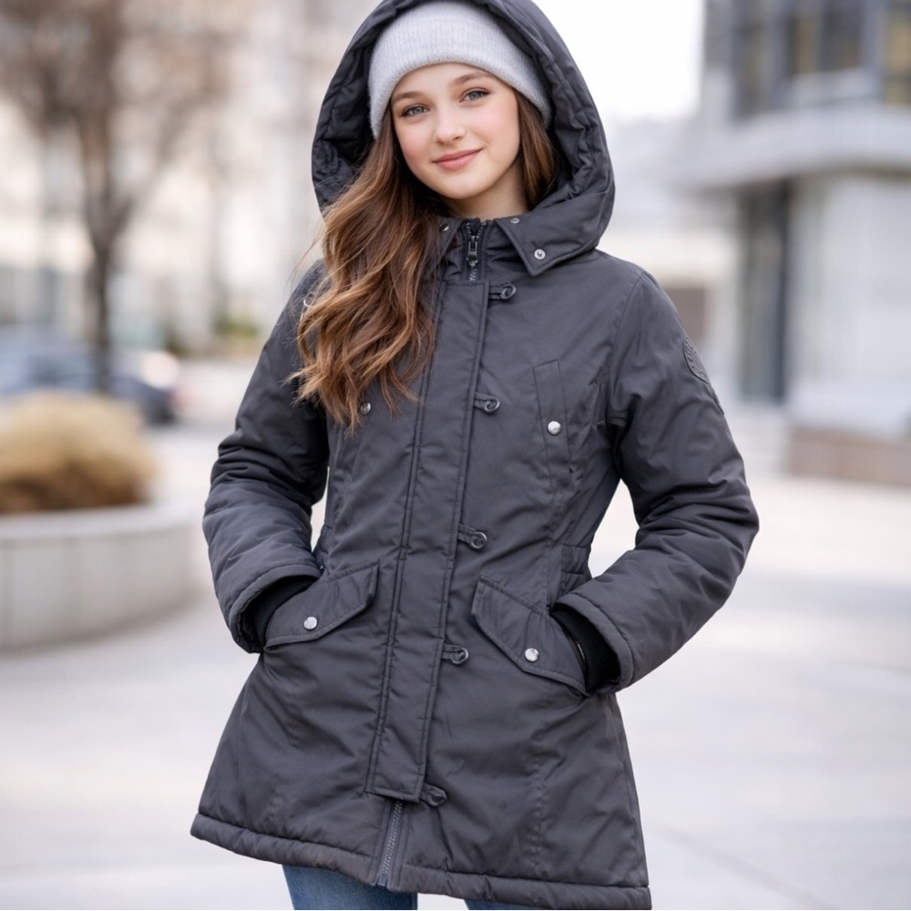 Madden Girl Black Hooded Winter Coat Jacket Faux Fur Trim Size S/P